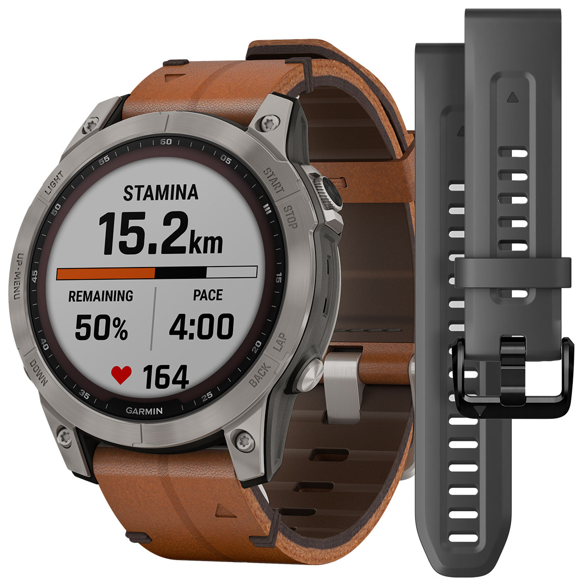 Garmin Fenix 7 Sapphire Solar Titanium with Chestnut Leather Band +  Silicone Band 010-02540-31 