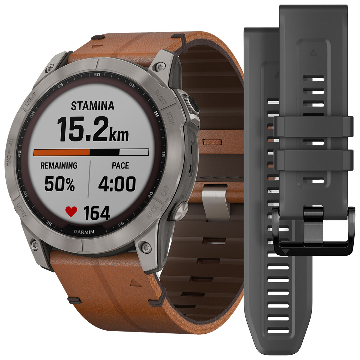 Garmin Fenix 7X Sapphire Solar Titanium with Chestnut Leather Band + Silicone Band 010-02541-19 - watchesonline.com Garmin Fenix 7X Sapphire Solar Titanium with Chestnut Leather Band + Silicone Band 010-02541-19 - watchesonline.com