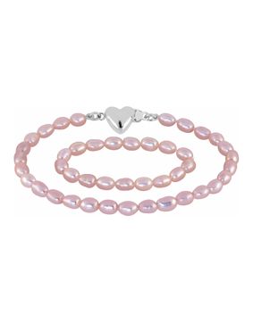 Lykken Pearls pink bead bracelet with heart clasp 15+8cm