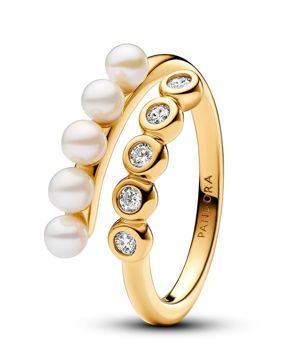 Pandora Timeless 14k gold-plated bypass pave pearl ring 163146C01