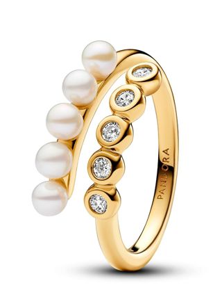 Pandora Timeless 14k gold-plated bypass pave pearl ring 163146C01