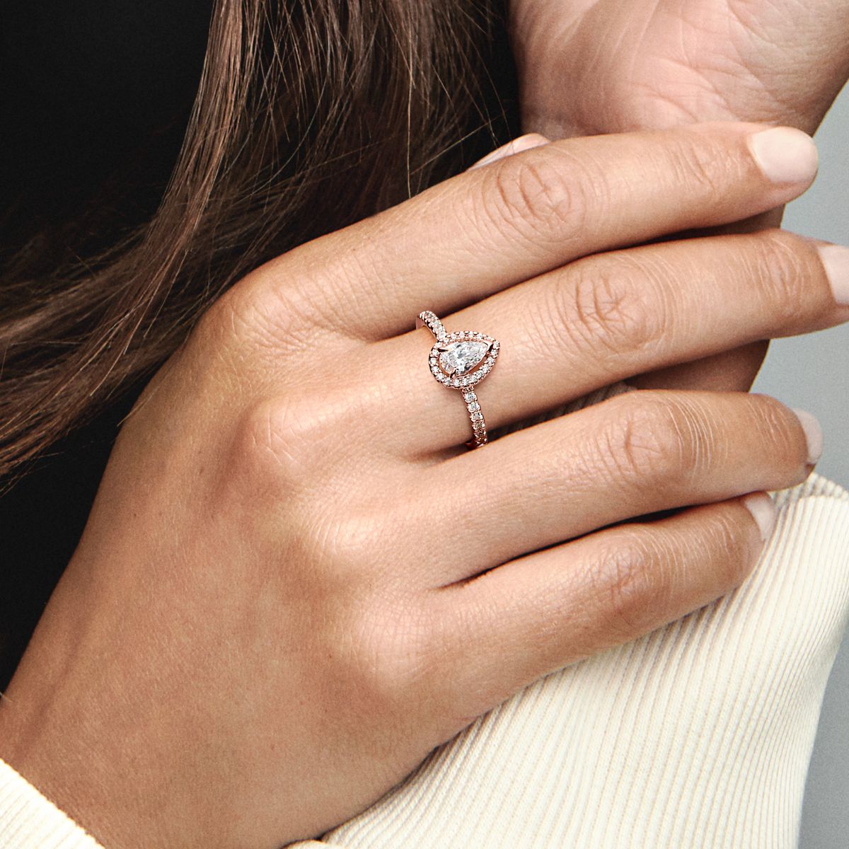 Pandora Timeless Stackable Sparkling Pear Halo 14k Rose gold plated ring 182835C01 watchesonline