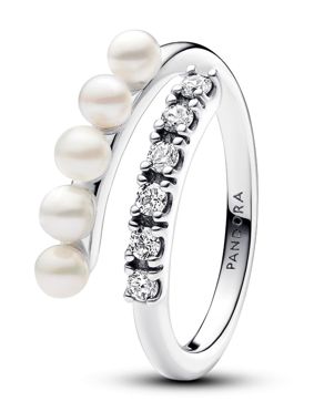 Pandora Timeless sterling silver bypass pave pearl ring 193145C01