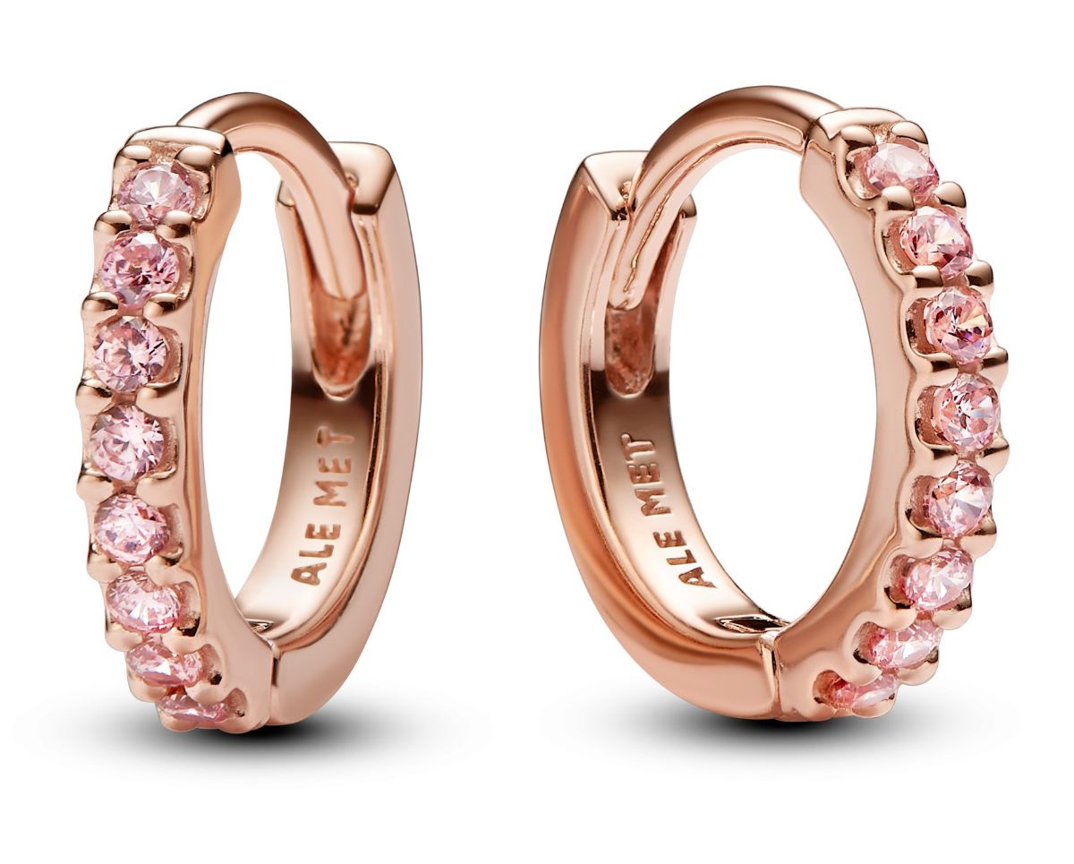 Pandora Timeless 14k Rose gold plated huggie hoop earrings fancy fairy tale pink cz 283015C01 watchesonline
