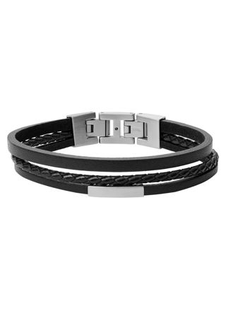 Fossil Multi-Strand Silver-Tone Steel and Black Leather Bracelet JF03322040