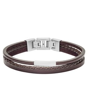 Fossil Multi-Strand Silver-Tone Steel and Brown Leather Bracelet JF03323040