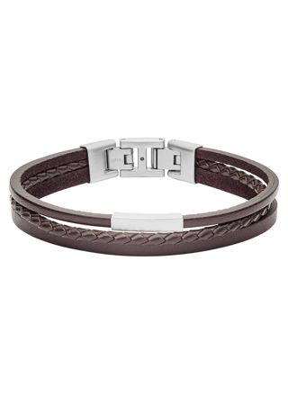 Fossil Multi-Strand Silver-Tone Steel and Brown Leather Bracelet JF03323040