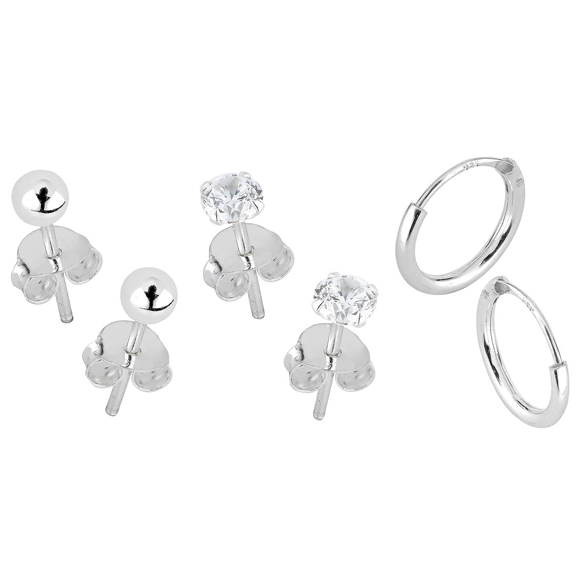 Lykka Casuals silver earring set – ball, hoops & zirconias