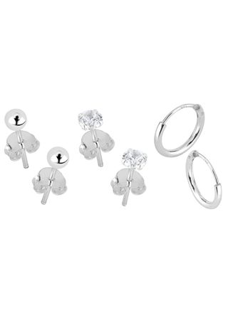 Lykka Casuals silver earring set – ball, hoops & zirconias