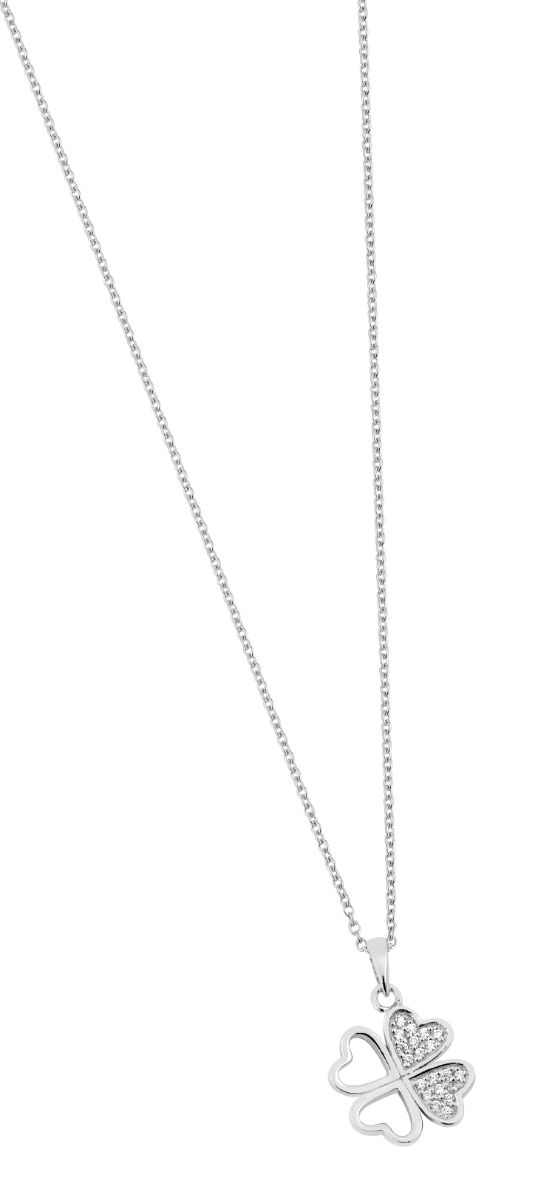 Lykka Symbols four-leaf clover pave silver necklace 42+3 cm 