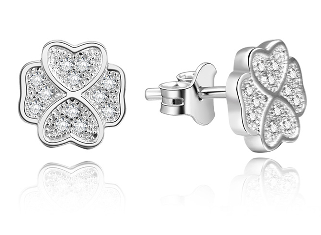 Lykka Symbols four-leaf clover silver pave earrings