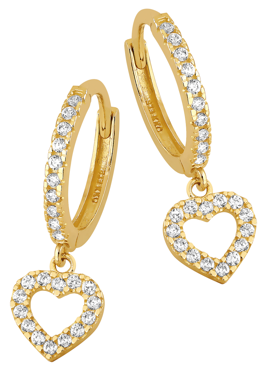 Lykka Casuals pave heart pendant hoop earrings in yellow gold 