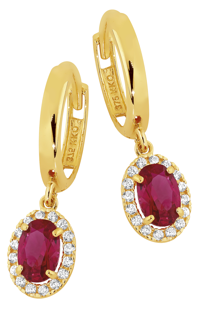 Lykka Casuals halo ruby pendant hoop earrings in yellow gold 
