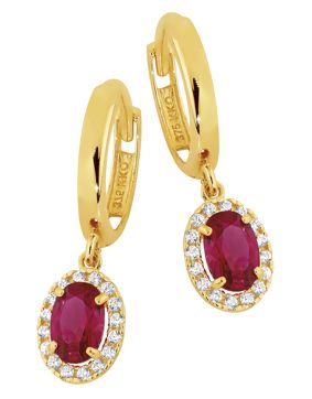 Lykken Casuals halo ruby pendant hoop earrings in yellow gold