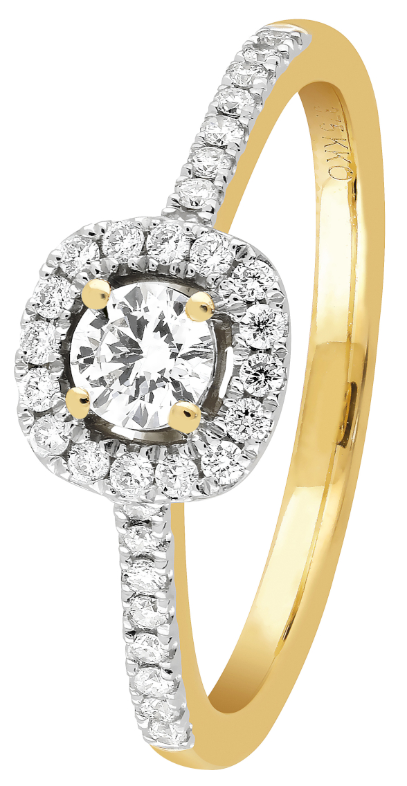 Halo side-stone diamond ring in yellow gold 0,38 ct