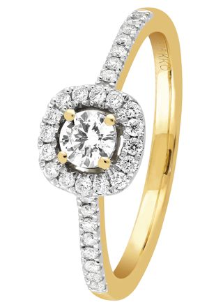 Halo side-stone diamond ring in yellow gold