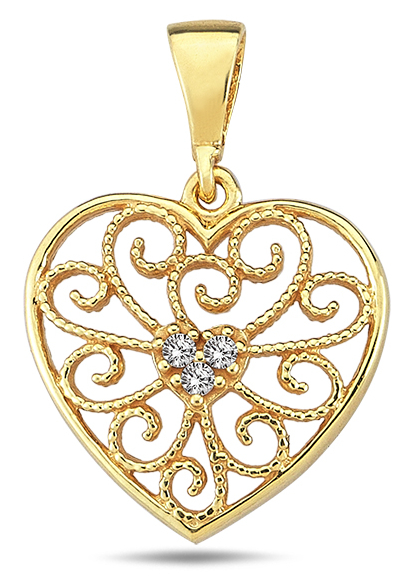 Lykka Casuals filigree heart pendant with cz in yellow gold