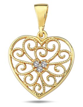 Lykken Casuals filigree heart pendant with cz in yellow gold