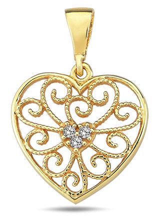 Lykka Casuals filigree heart pendant with cz in yellow gold