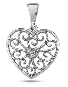 Lykken Casuals filigree heart pendant with cz in silver