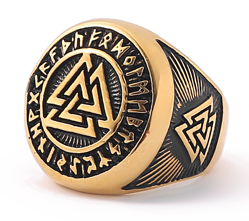 Lykka Viking Valknut gold colored steel ring  