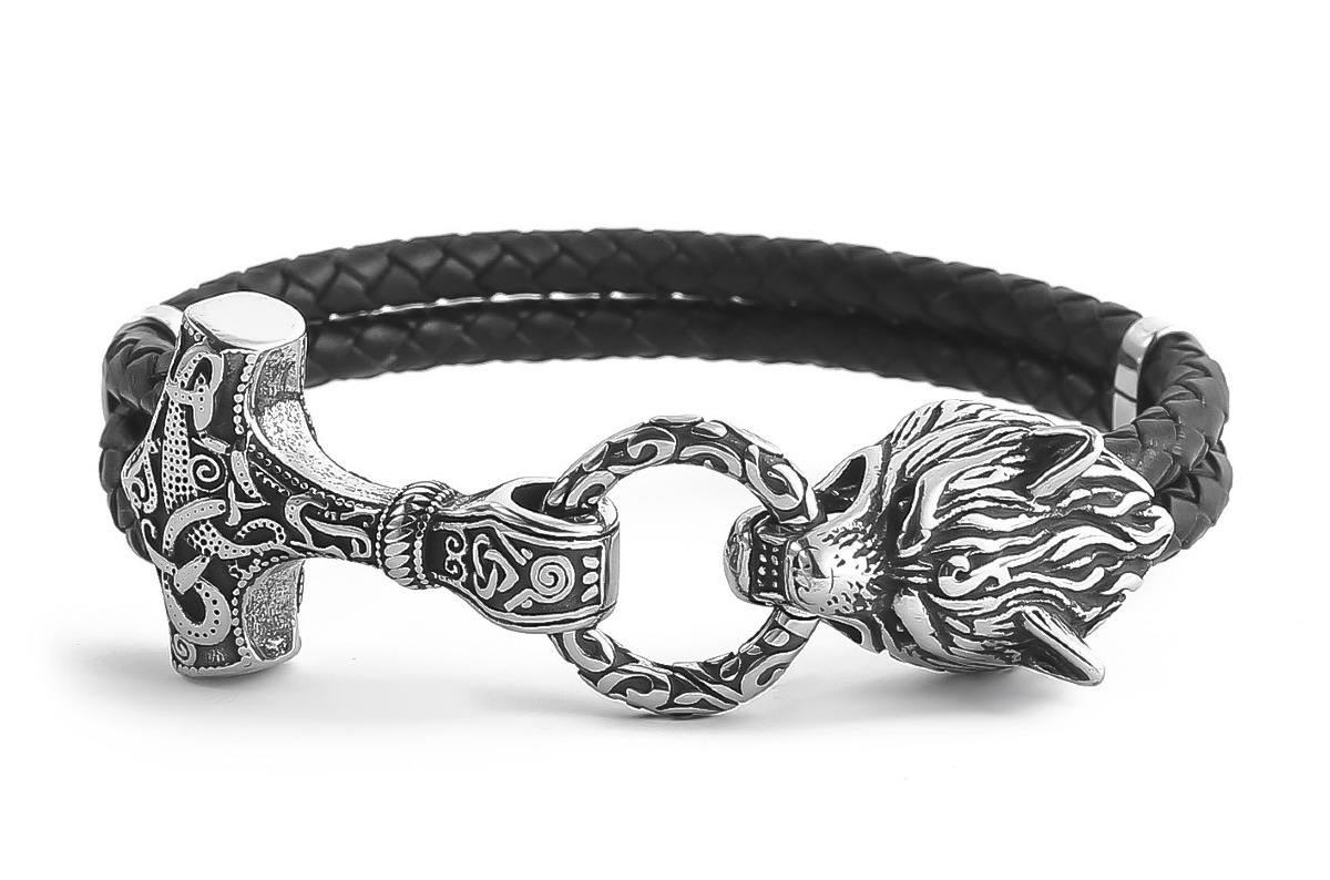 Lykka Viking Mjölnir and Fenrir leather bracelet 10 mm 21 cm  