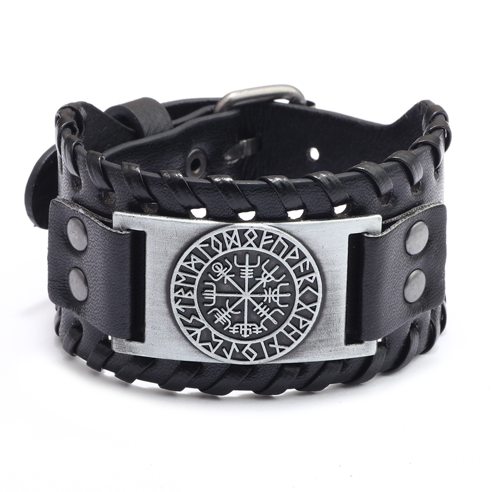 Lykka Viking Vegvisir leather bracelet 40 mm säädettävä  