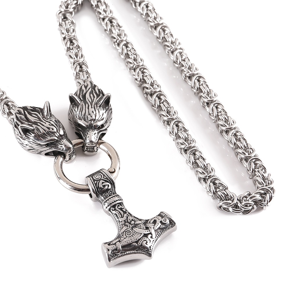 Lykka Viking Mjölnir ja Geri ja Freki silver steel necklace 60 cm