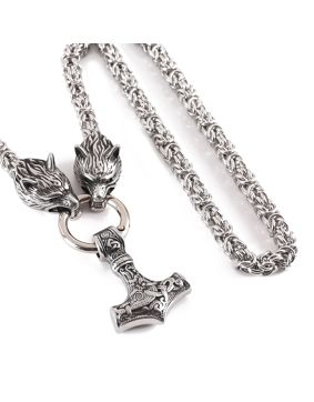 Lykken Viking Mjölnir ja Geri ja Freki silver steel necklace 60 cm