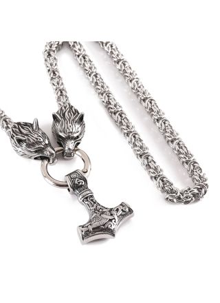 Lykka Viking Mjölnir ja Geri ja Freki silver steel necklace 60 cm