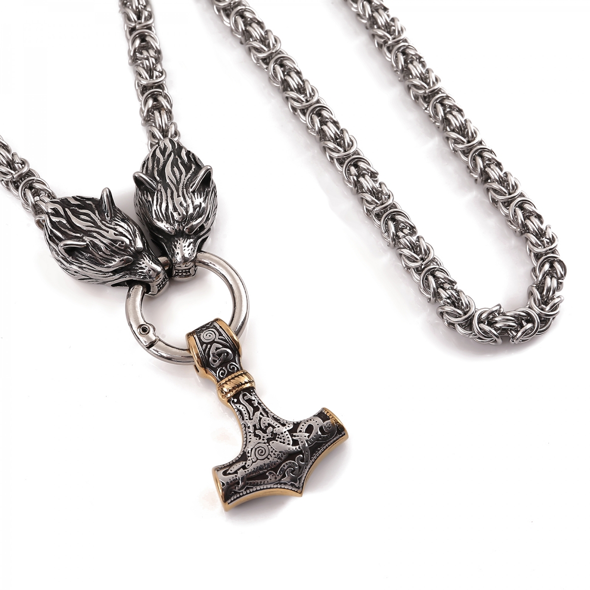 Lykka Viking Thors hammer gold-silver steel necklace wolf head 60 cm