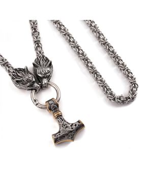 Lykka Viking Thors hammer gold-silver steel necklace wolf head 60 cm