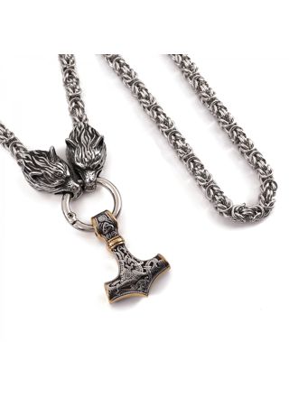 Lykka Viking Thors hammer gold-silver steel necklace wolf head 60 cm