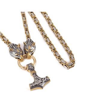 Lykka Viking Mjölnir ja Geri ja Freki gold-silver steel necklace 60 cm
