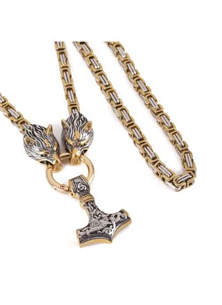 Lykka Viking Mjölnir ja Geri ja Freki gold-silver steel necklace 60 cm  