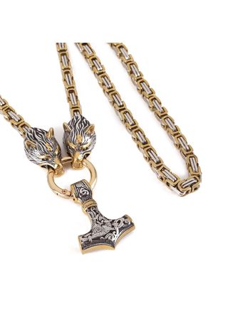 Lykka Viking Mjölnir ja Geri ja Freki gold-silver steel necklace 60 cm