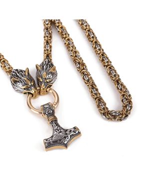 Lykken Viking Thors hammer ja Geri ja Freki gold-silver steel necklace 60 cm