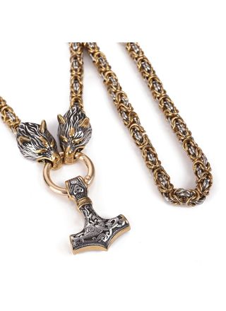 Lykka Viking Thors hammer ja Geri ja Freki gold-silver steel necklace 60 cm