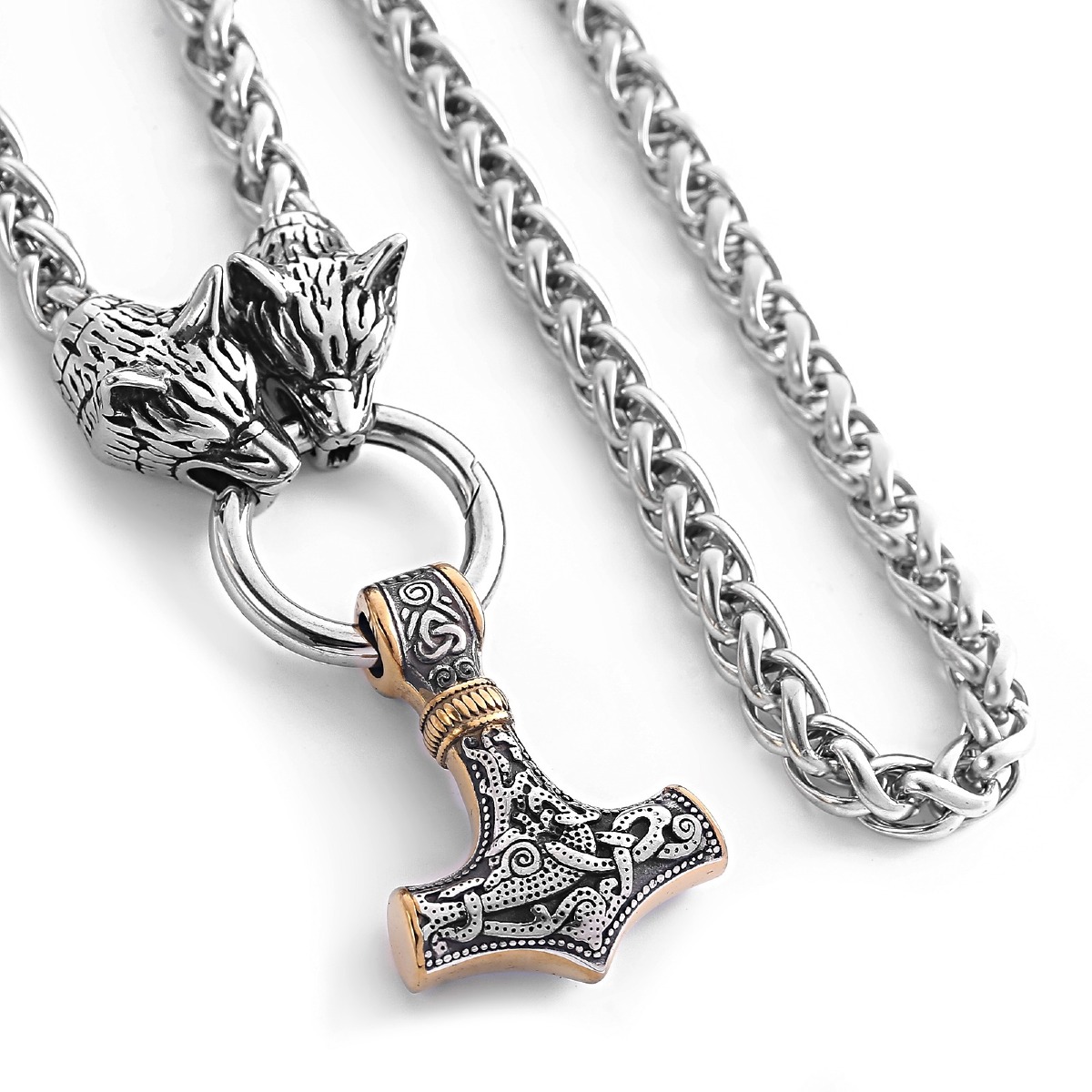 Lykka Viking steel necklace Thors hammer gold-silver wolf head 60 cm