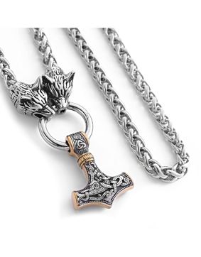 Lykka Viking steel necklace Thors hammer gold-silver wolf head 60 cm