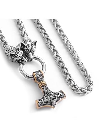 Lykka Viking steel necklace Thors hammer gold-silver wolf head 60 cm