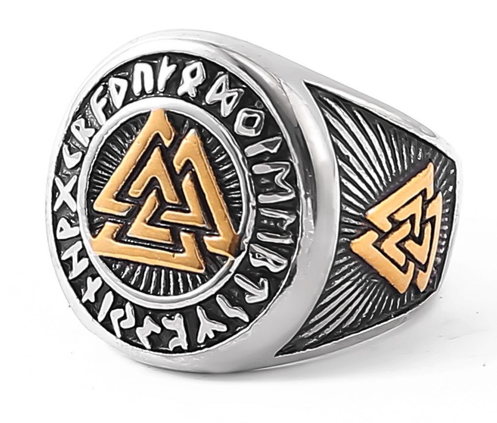 Lykka Viking Valknut gold-silver steel ring  