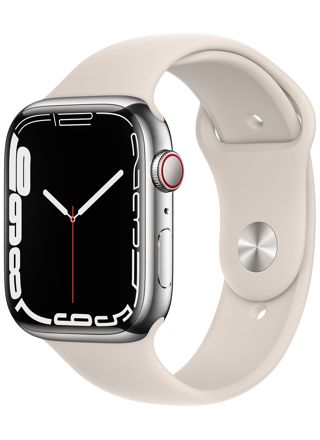 Apple Watch Series 7 GPS + Cellular Silver Stainless Steel Case 45 mm Starlight Sport Band MKJV3KS/A