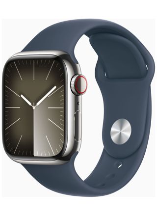 Apple Watch Series 9 GPS + Cellular 41mm Silver Stainless Steel Case with Storm Blue Sport Band - S/M MRJ23KS/A