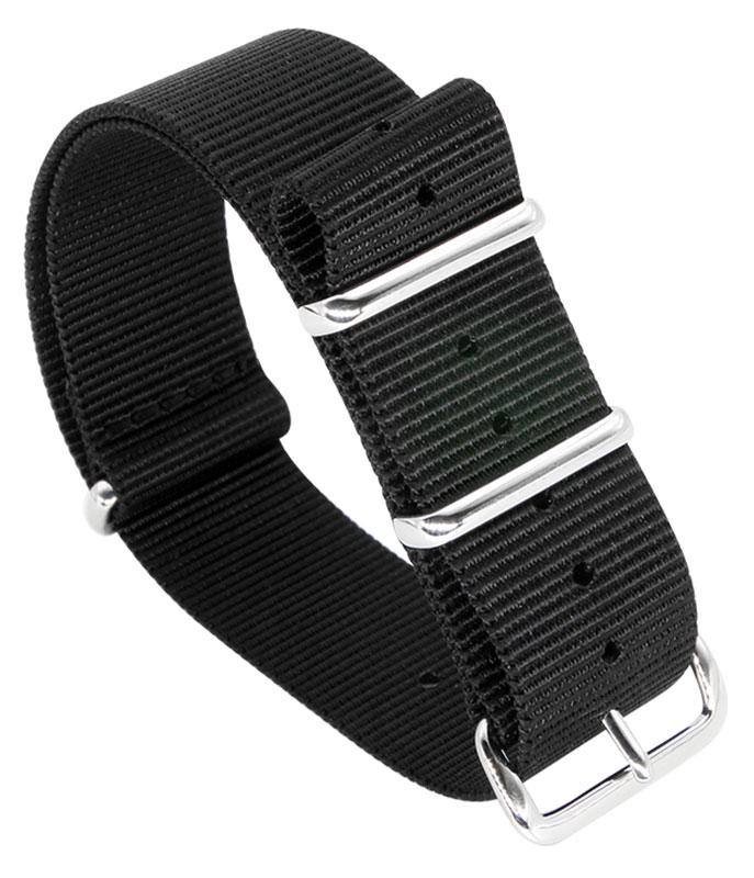 Tiera black NATO-strap - polished steel buckle and loops 18 mm