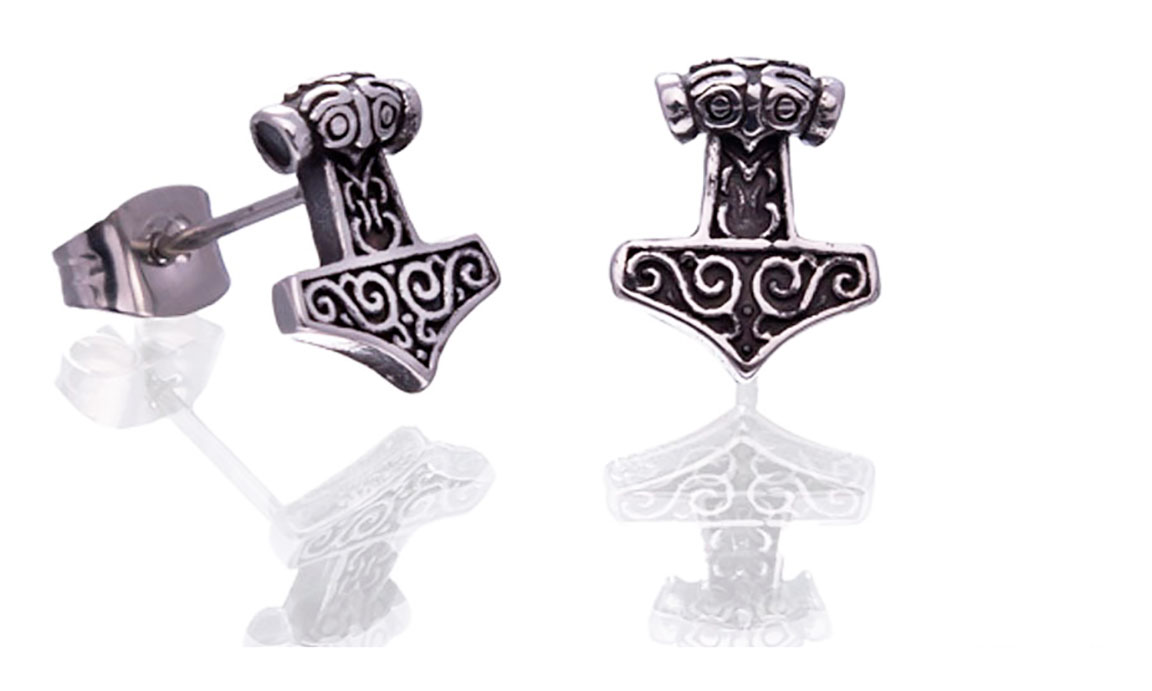 Northern Viking Jewelry Steel Raven Thor's Hammer earrings NVJKK040