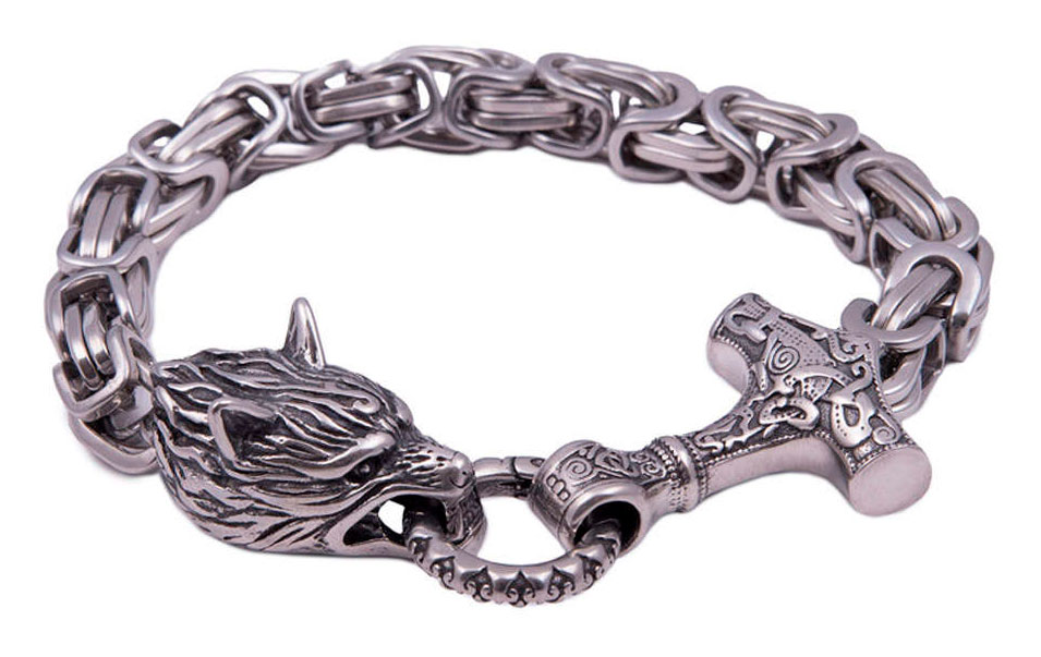 Northern Viking Jewelry Byzantine Thor's Hammer Wolf Head Bracelet NVJRA016
