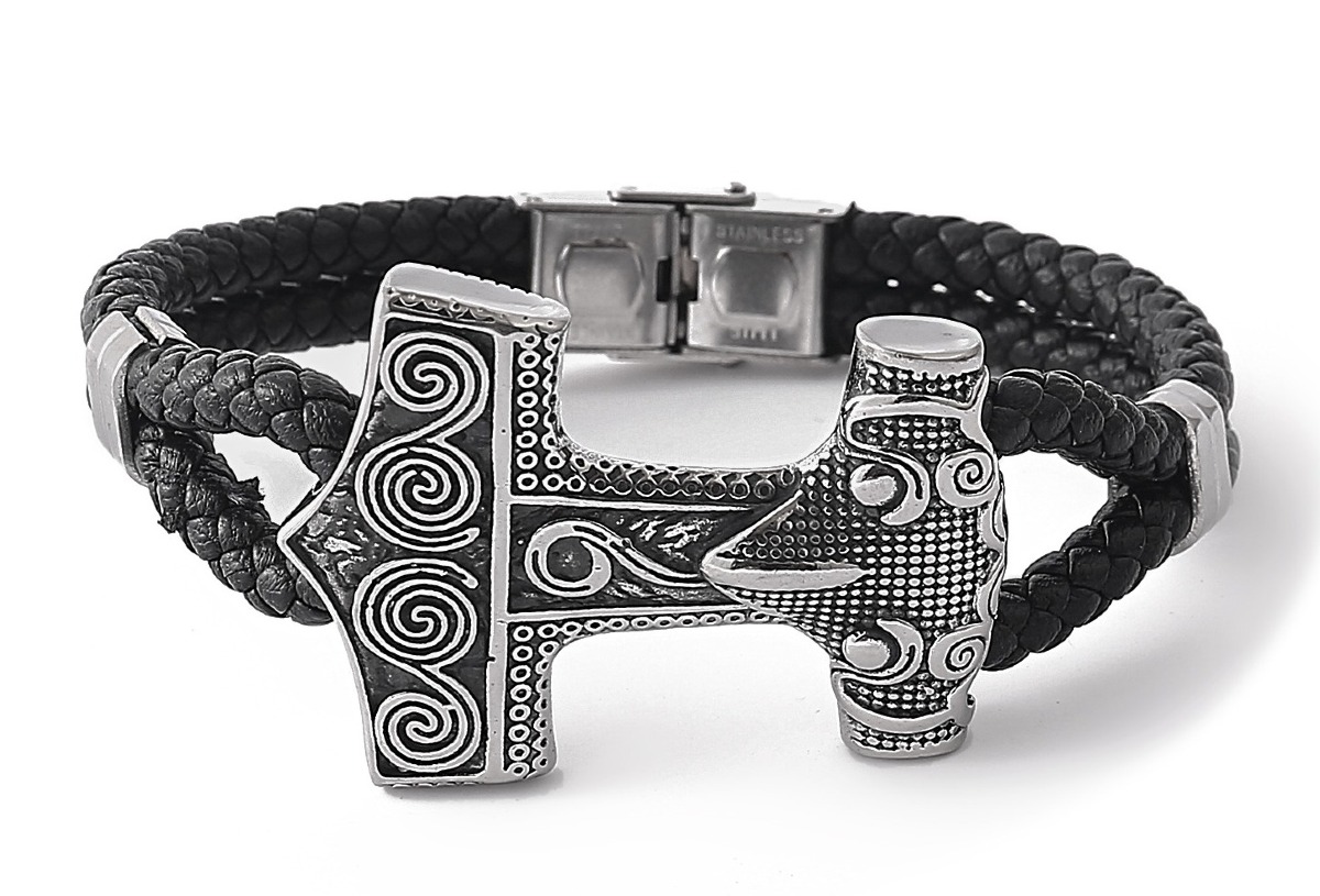 Lykka Viking Thors hammer steelleatherbracelet 