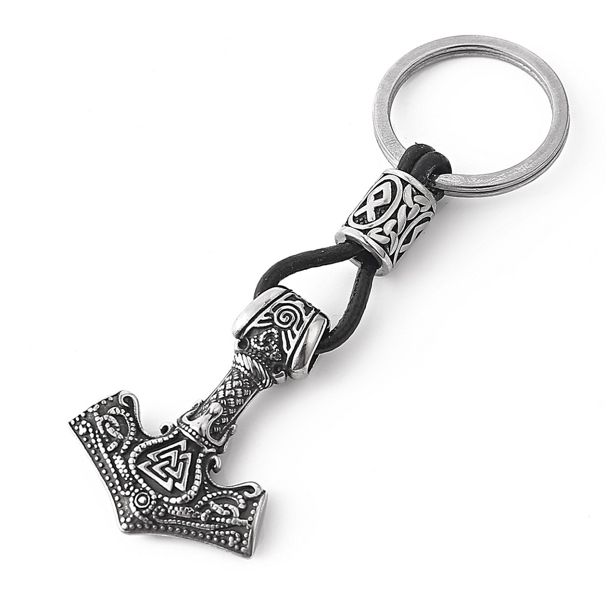 Lykka Viking Thors hammer Valknut and runes steelkey ring 