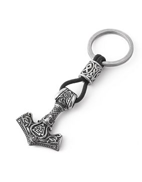 Lykka Viking Thors hammer Valknut and runes steelkey ring